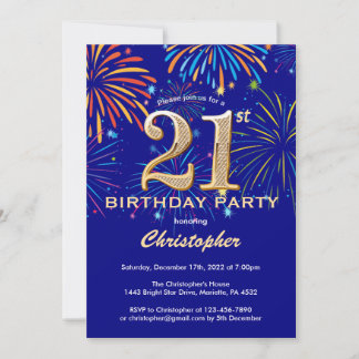 21. Geburtstag Navy Blue and Gold Rainbow Firework Einladung