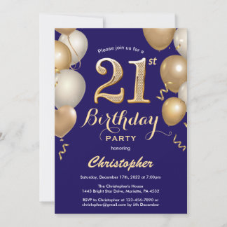 21. Geburtstag Navy Blue und Gold Balloons Confett Einladung