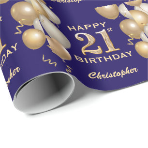21. Geburtstag Navy Blue und Gold Glitzer Balloons Geschenkpapier