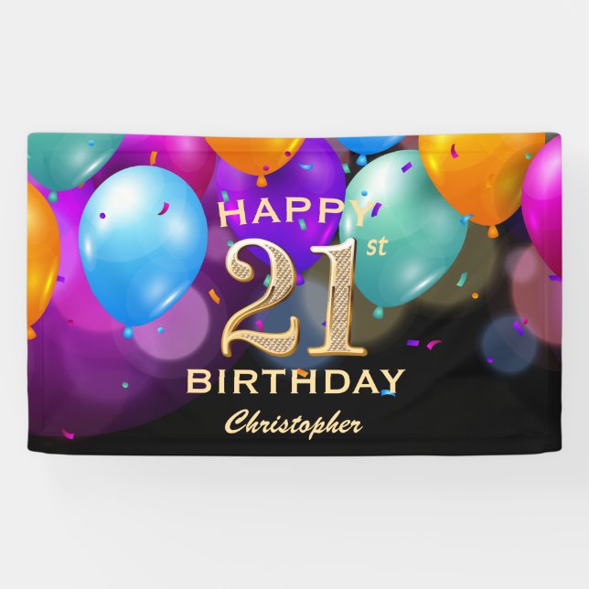 21. Geburtstag Party Black and Gold Balloons Banner (Horizontal)