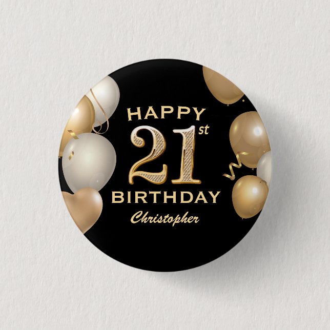21. Geburtstag Party Black and Gold Balloons Button (Vorderseite)