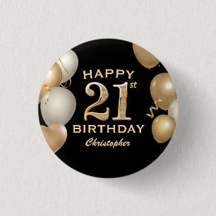 21. Geburtstag Party Black and Gold Balloons Button