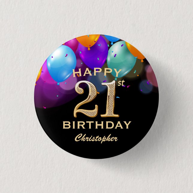 21. Geburtstag Party Black and Gold Balloons Button (Vorderseite)