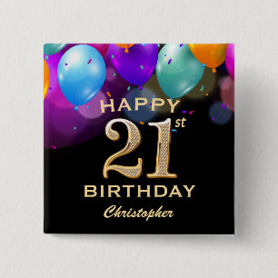 21. Geburtstag Party Black and Gold Balloons Button