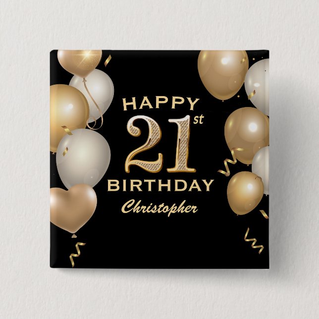 21. Geburtstag Party Black and Gold Balloons Button (Vorderseite)