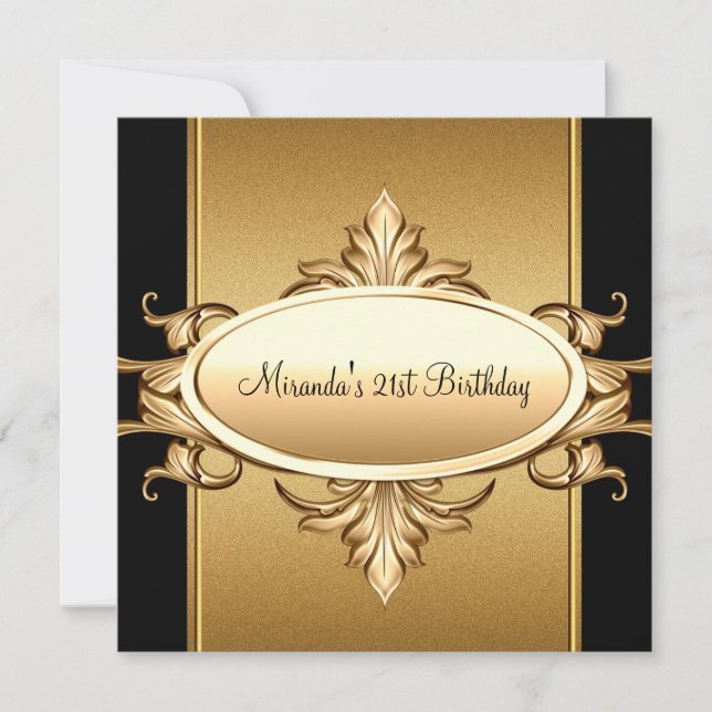 21. Geburtstag Party Black Bronze Gold Einladung (Vorderseite)
