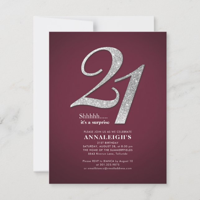 21. Geburtstag Party Burgund Silver Glitzer Einladung (Vorderseite)