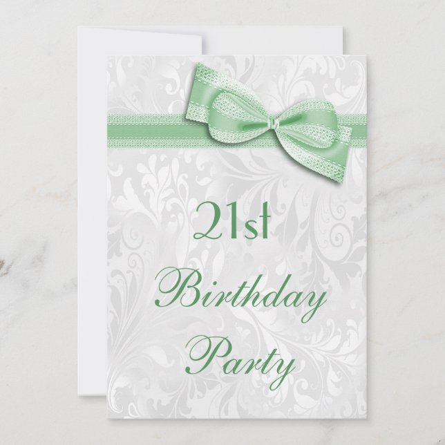 21. Geburtstag Party Damask and Imitate Bow Einladung (Vorderseite)