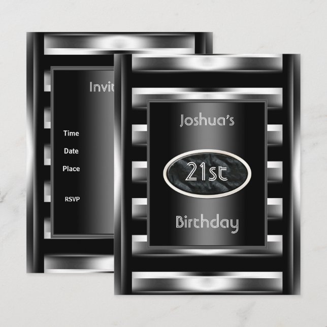 21. Geburtstag Party Elegantes Schwarzes Metall Mä Einladung (Vorne/Hinten)