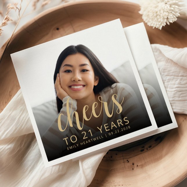 21. Geburtstag Party Foto Gold Script Cheers Serviette (Von Creator hochgeladen)