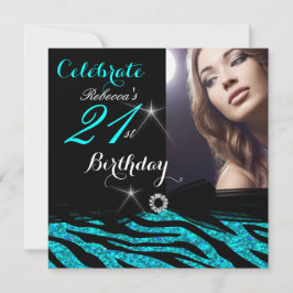 21. Geburtstag Party Glitzer Aquamarin Blue Zebra  Einladung