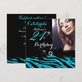 21. Geburtstag Party Glitzer Aquamarin Blue Zebra Einladung