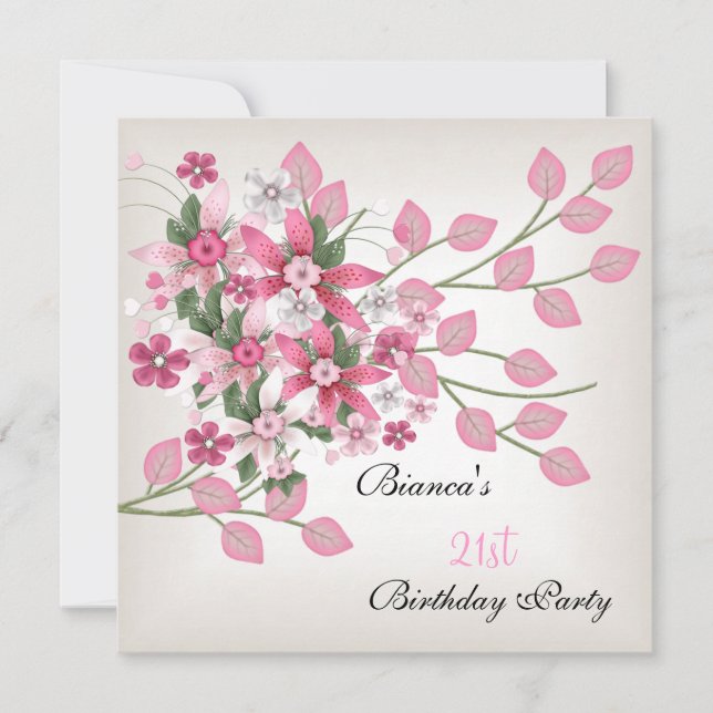 21. Geburtstag Party Hübsch Rosa Blüte Einladung (Vorderseite)