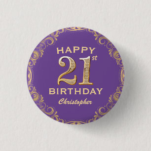 21. Geburtstag Party Lila und Gold Glitzer Rahmen Button