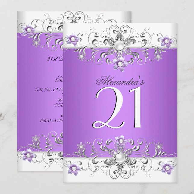 21. Geburtstag Party Lila Weißer Diamant Einladung (Vorne/Hinten)