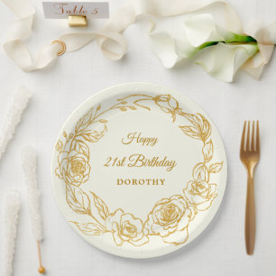 21. Geburtstag Party Luxe Gold Rose Floral Elfenbe Pappteller
