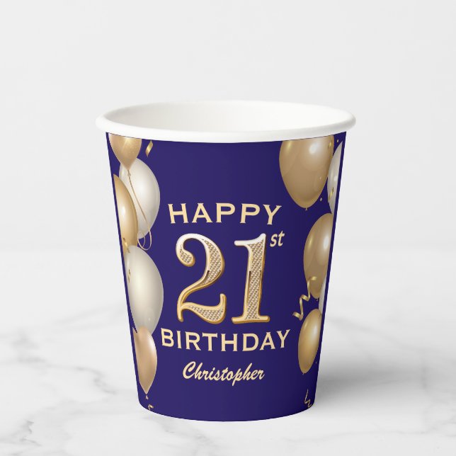 21. Geburtstag Party Navy Blue und Gold Balloons Pappbecher (Vorderseite)
