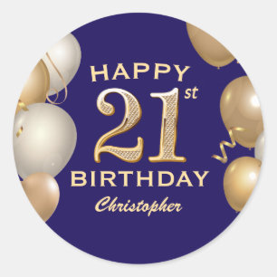 21. Geburtstag Party Navy Blue und Gold Balloons Runder Aufkleber
