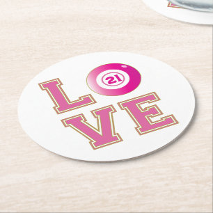 21. Geburtstag Party Pink Bingo Ball Personalisier Runder Pappuntersetzer