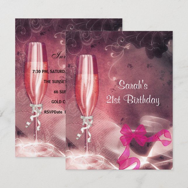 21. Geburtstag Party Pink Champagne Glass Bow Einladung (Vorne/Hinten)