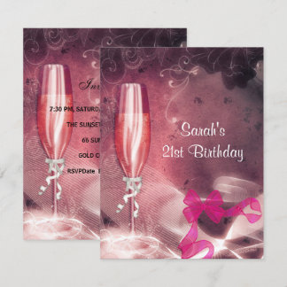 21. Geburtstag Party Pink Champagne Glass Bow Einladung