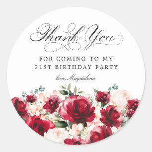 21. Geburtstag Party Red Pink Floral Vielen Dank Runder Aufkleber