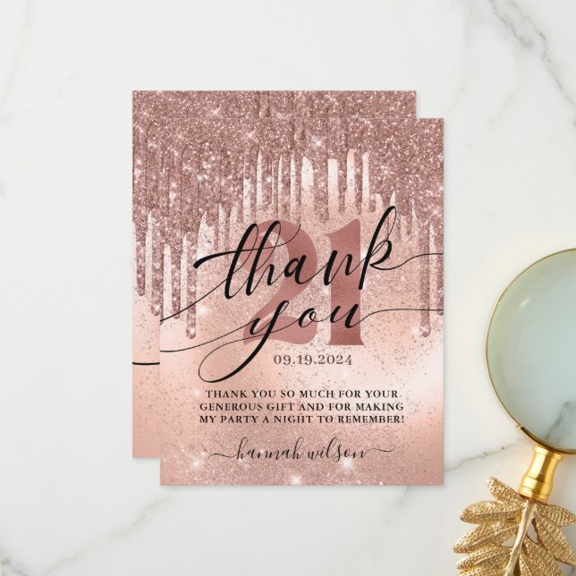 21. Geburtstag Party Rose Gold  Dankeskarte (Vorderseite/Rückseite Beispiel)