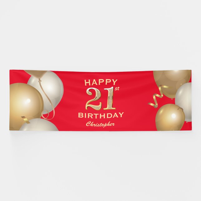 21. Geburtstag Party Rot und Gold Ballons Banner (Horizontal)