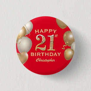 21. Geburtstag Party Rot und Gold Ballons Button
