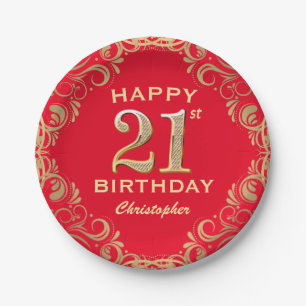21. Geburtstag Party Rot und Gold Glitzer Rahmen Pappteller
