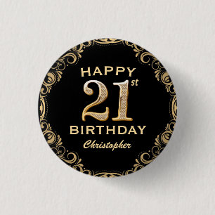21. Geburtstag Party Schwarz und Gold Glitzer Rahm Button