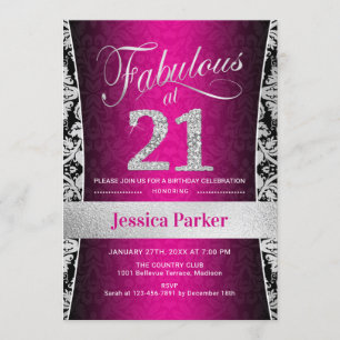 21. Geburtstag Party - Silberrosa Schwarz Einladung