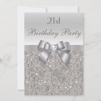 21. Geburtstag Party Silver Sequins, Bow & Diamond Einladung