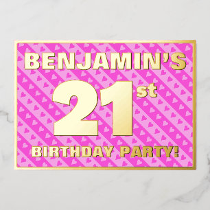 21. Geburtstag Party — Spaß rosa Herzen und Streif Folieneinladung