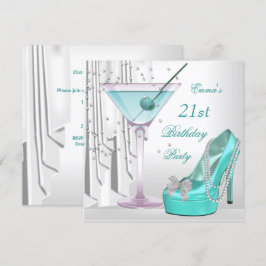 21. Geburtstag Party Weiß Aquamarin Martini Perlen Einladung