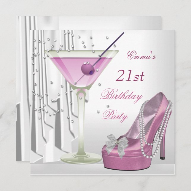 21. Geburtstag Party Weißrosa Martini Perlenschuh Einladung (Vorne/Hinten)