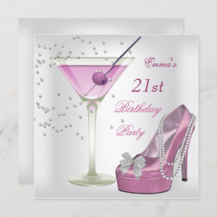 21. Geburtstag Party Weißrosa Martini Schuhe Einladung
