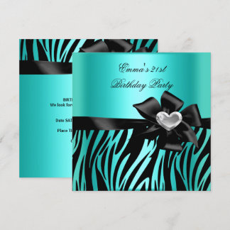 21. Geburtstag Party Zebra Silver Aquamarin Blue B Einladung