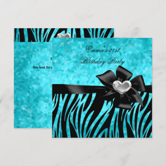 21. Geburtstag Party Zebra Silver Aquamarin Blue B Einladung