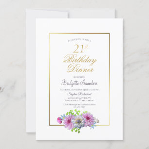 21. Geburtstag Pink Blue Floral Gold Border Dinner Einladung
