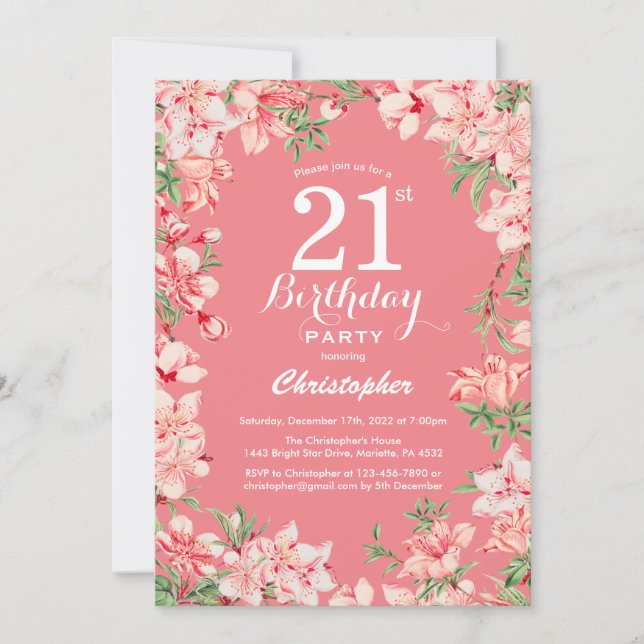 21. Geburtstag Pink Boho Botanische Blume Einladung (Vorderseite)