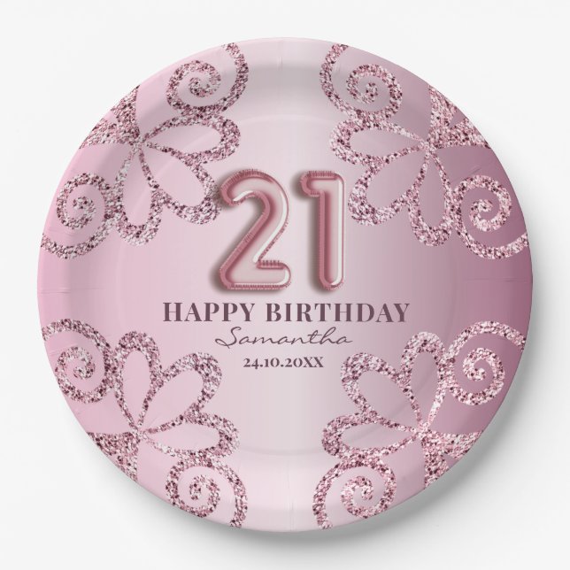 21. Geburtstag Pink Princess Glitzer Ballon Script Pappteller (Vorderseite)