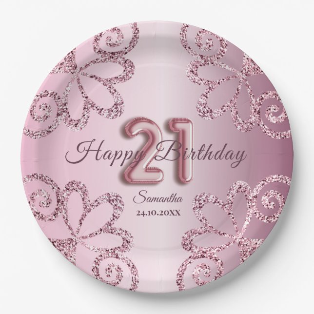 21. Geburtstag Pink Princess Glitzer Ballon Script Pappteller (Vorderseite)