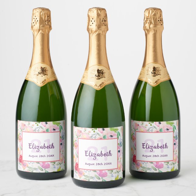 21. Geburtstag romantische, wasserfarbene, rosa Bl (Flaschen)