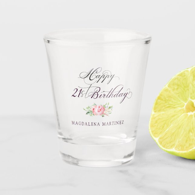 21. Geburtstag Rosa Floral Personalisiert Schnapsglas (Vorderseite)