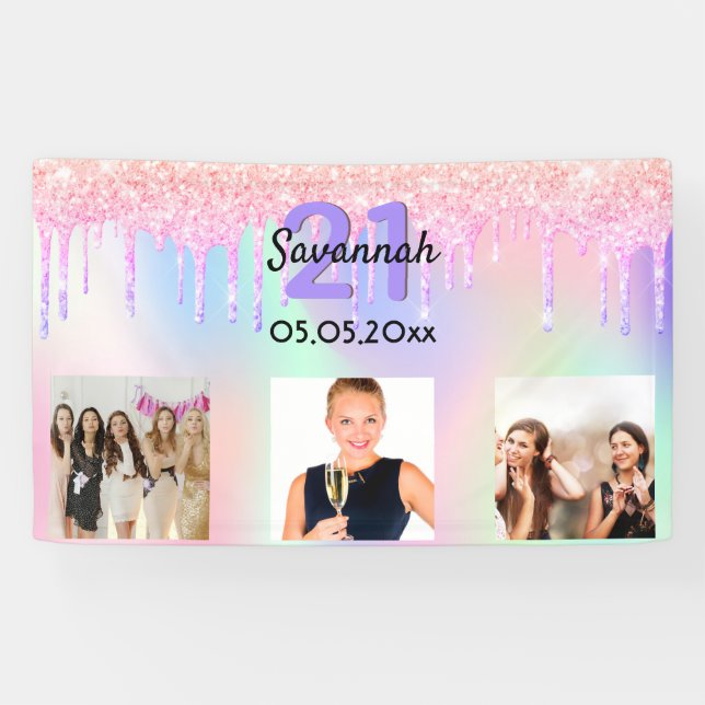 21. Geburtstag rosa lila Tropfen Foto Empfang Banner (Horizontal)