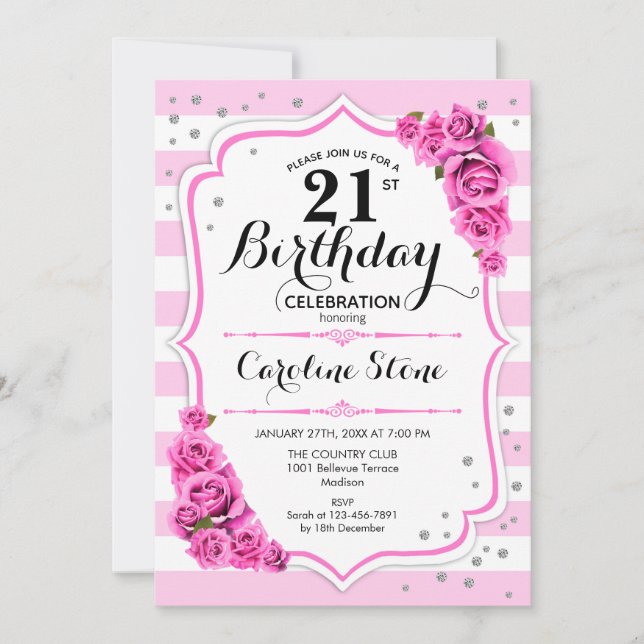 21. Geburtstag - Rosa Rose Einladung (Vorderseite)
