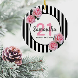 21. Geburtstag rosa Rosen Schwarz-weiße Streifen Keramik Ornament