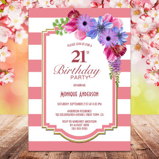 21. Geburtstag Rosa Streifen Lila florales Party Einladung