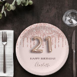 21. Geburtstag Rose Gold Glitzer Rosa Ballon Stil Pappteller<br><div class="desc">Elegant, klassisch, glamourös und mädchenhaft für ein Party zum 21. Geburtstag. Rosa Untergrund. Dekoriert mit Rose vergoldeten Imitaten Glitzer Tropfen, Farbe tropfend aussehen. Personalisieren und einen Namen hinzufügen. Mit dem Text: Happy Birthday. Der Name ist mit einem modernen, dunklen Rose gefärbten Handschrift geschrieben. Nummer 21 wird mit einem Schriftart im...</div>